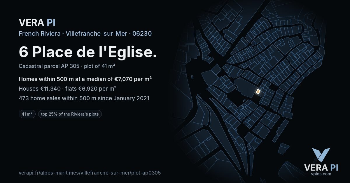 6 Place de l'Eglise, Villefranche-sur-Mer at night – the plot lit, the parcels around coloured by the prices near them