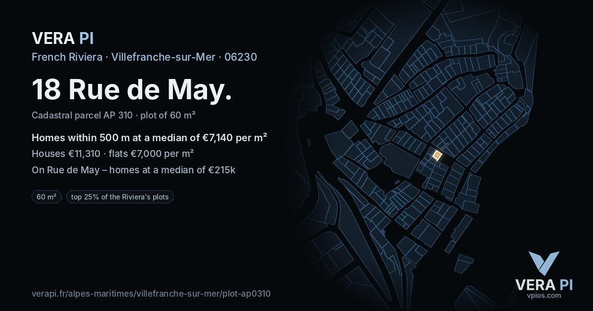 18 Rue de May, Villefranche-sur-Mer at night – the plot lit, the parcels around coloured by the prices near them