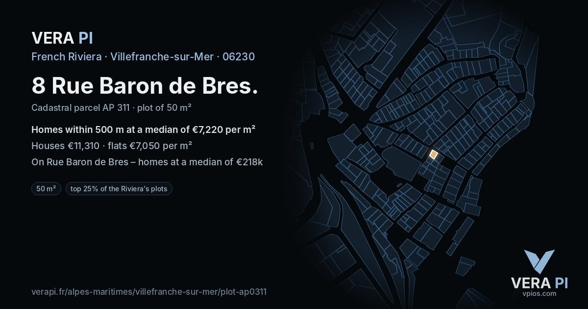 8 Rue Baron de Bres, Villefranche-sur-Mer at night – the plot lit, the parcels around coloured by the prices near them