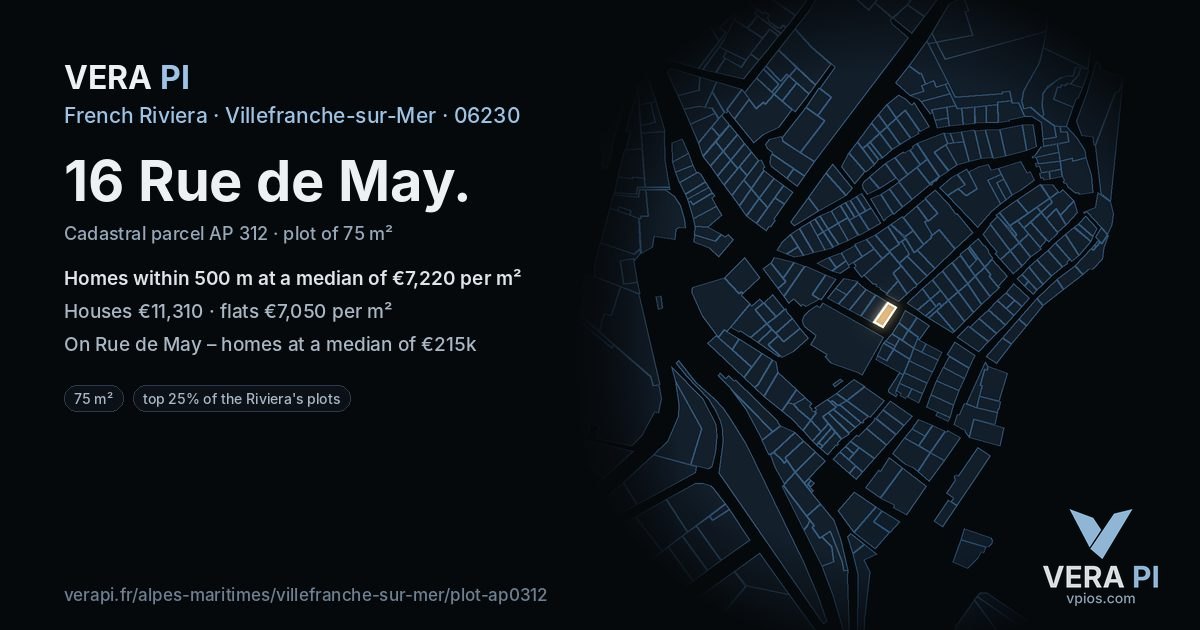 16 Rue de May, Villefranche-sur-Mer at night – the plot lit, the parcels around coloured by the prices near them