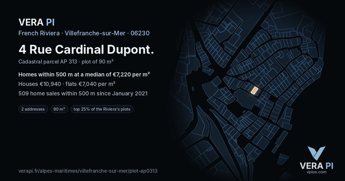 4 Rue Cardinal Dupont, Villefranche-sur-Mer at night – the plot lit, the parcels around coloured by the prices near them