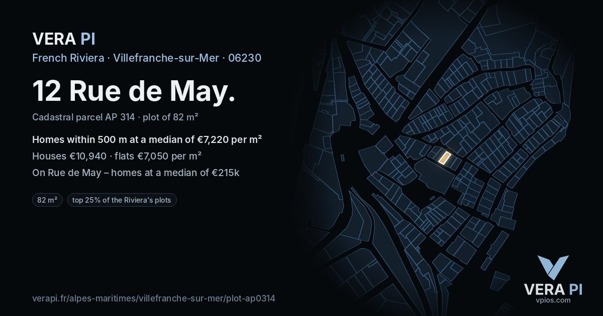 12 Rue de May, Villefranche-sur-Mer at night – the plot lit, the parcels around coloured by the prices near them