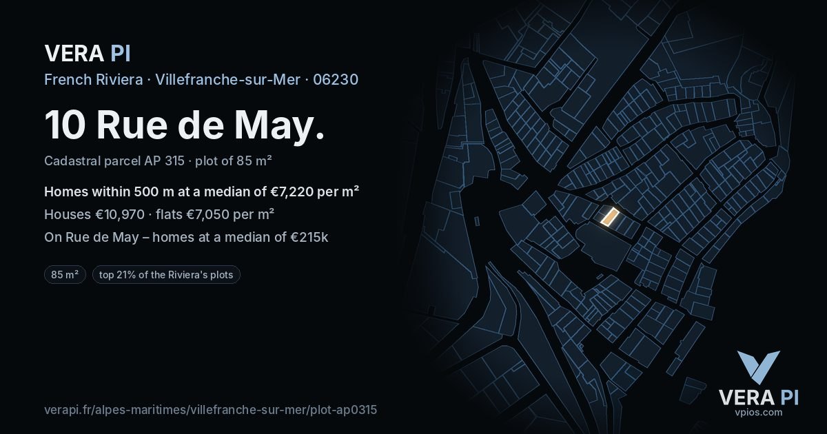 10 Rue de May, Villefranche-sur-Mer at night – the plot lit, the parcels around coloured by the prices near them