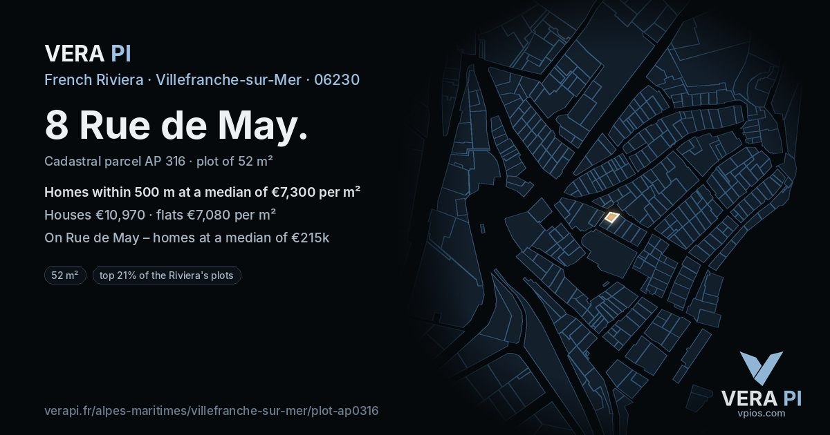8 Rue de May, Villefranche-sur-Mer at night – the plot lit, the parcels around coloured by the prices near them