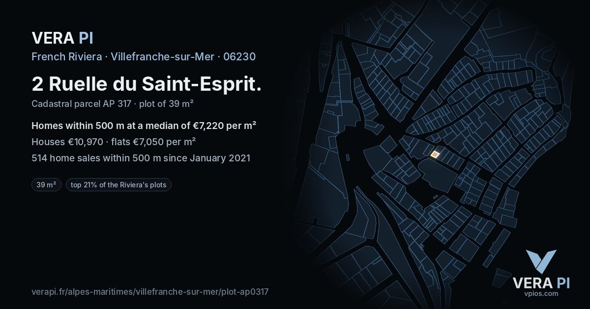 2 Ruelle du Saint-Esprit, Villefranche-sur-Mer at night – the plot lit, the parcels around coloured by the prices near them