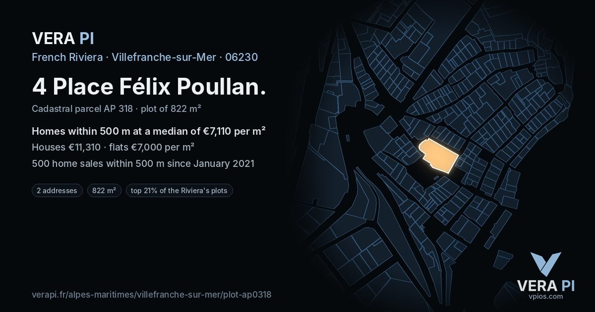 4 Place Félix Poullan, Villefranche-sur-Mer at night – the plot lit, the parcels around coloured by the prices near them