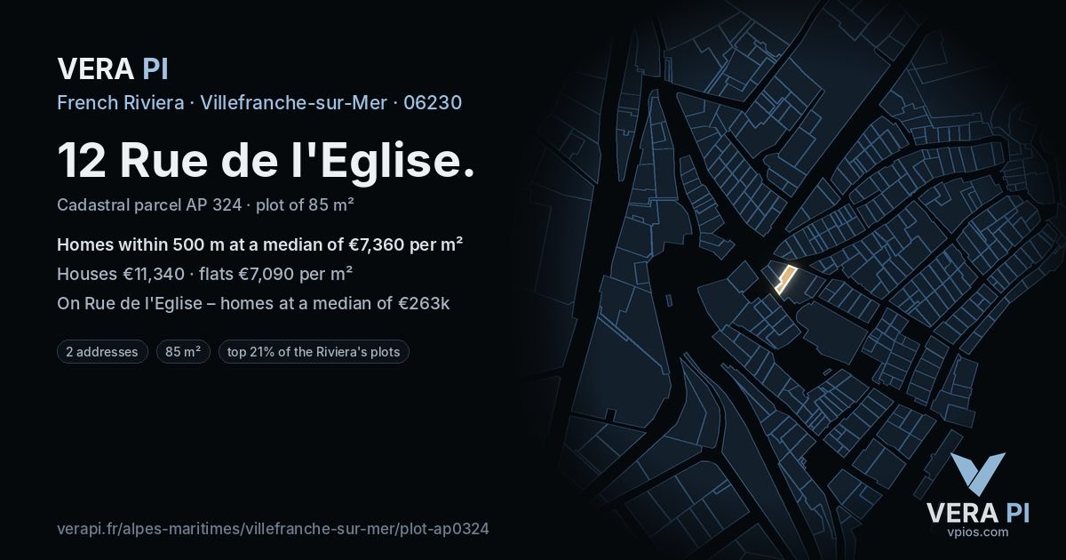12 Rue de l'Eglise, Villefranche-sur-Mer at night – the plot lit, the parcels around coloured by the prices near them