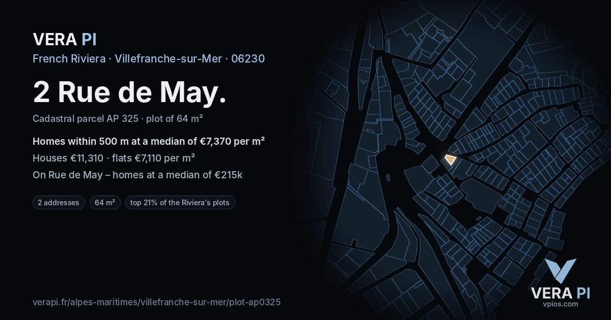 2 Rue de May, Villefranche-sur-Mer at night – the plot lit, the parcels around coloured by the prices near them