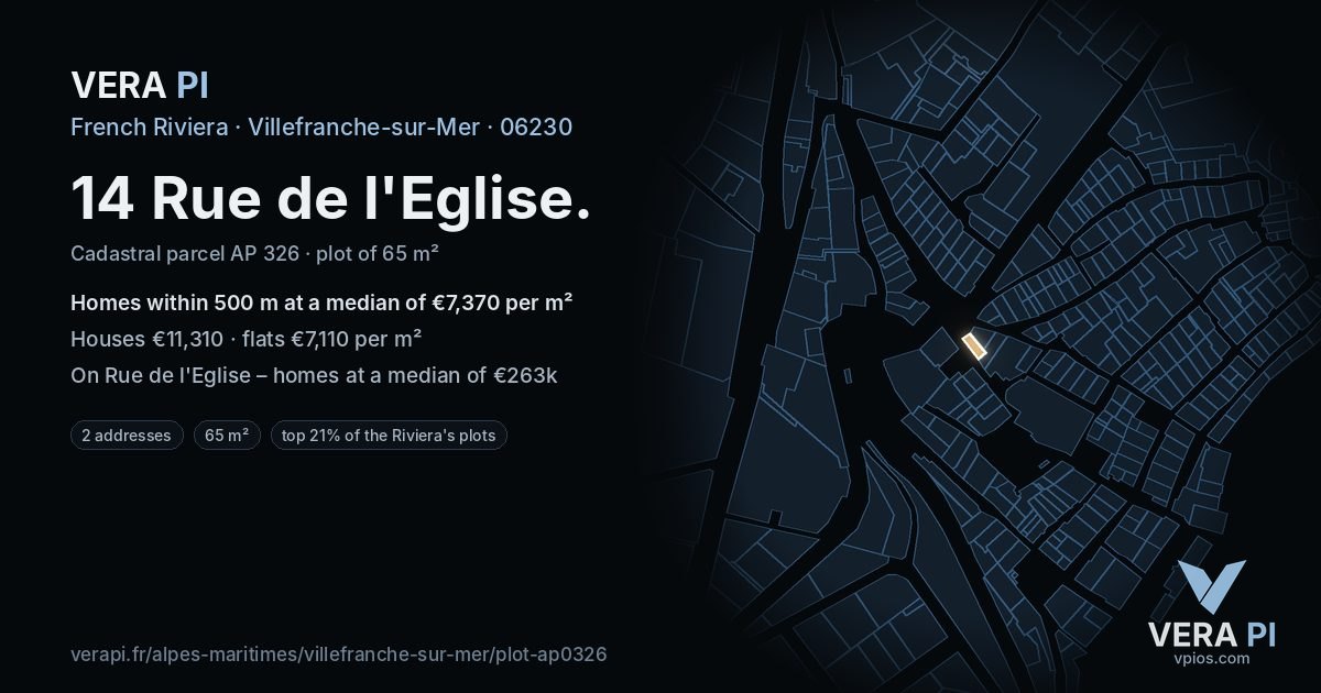 14 Rue de l'Eglise, Villefranche-sur-Mer at night – the plot lit, the parcels around coloured by the prices near them