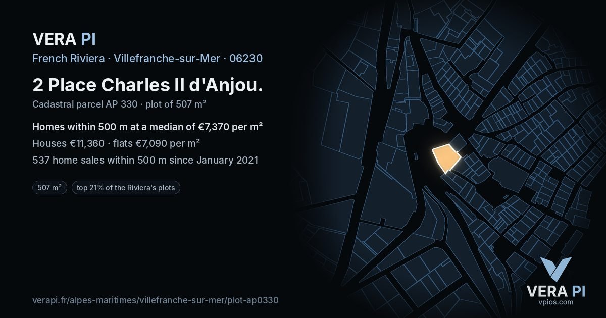 2 Place Charles II d'Anjou, Villefranche-sur-Mer at night – the plot lit, the parcels around coloured by the prices near them