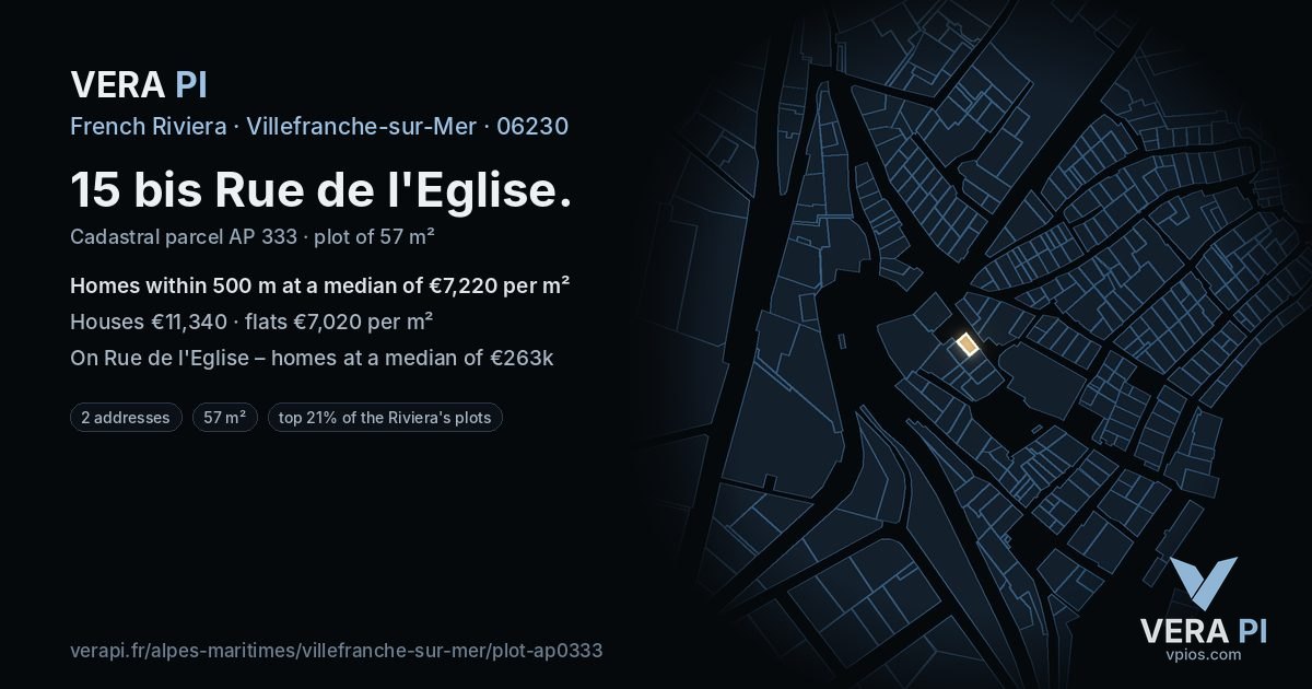 15 bis Rue de l'Eglise, Villefranche-sur-Mer at night – the plot lit, the parcels around coloured by the prices near them