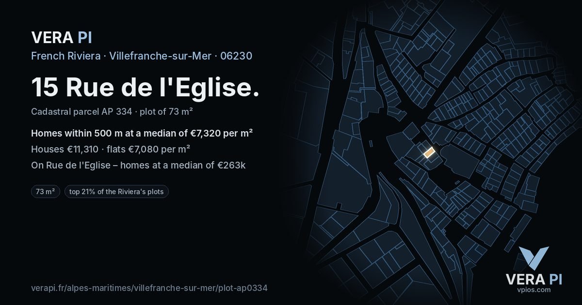 15 Rue de l'Eglise, Villefranche-sur-Mer at night – the plot lit, the parcels around coloured by the prices near them