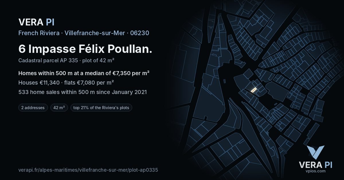 6 Impasse Félix Poullan, Villefranche-sur-Mer at night – the plot lit, the parcels around coloured by the prices near them