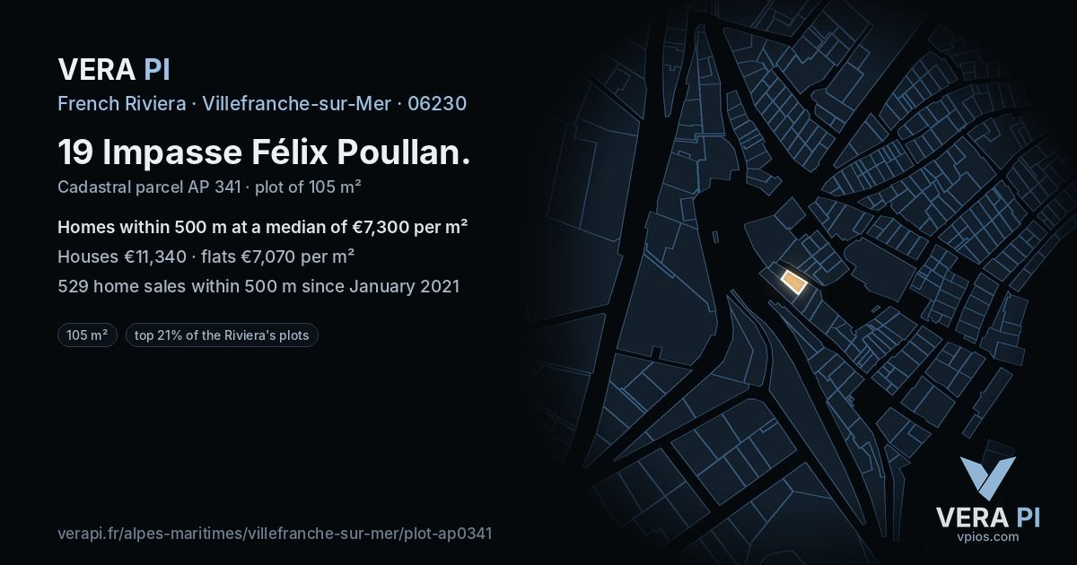 19 Impasse Félix Poullan, Villefranche-sur-Mer at night – the plot lit, the parcels around coloured by the prices near them