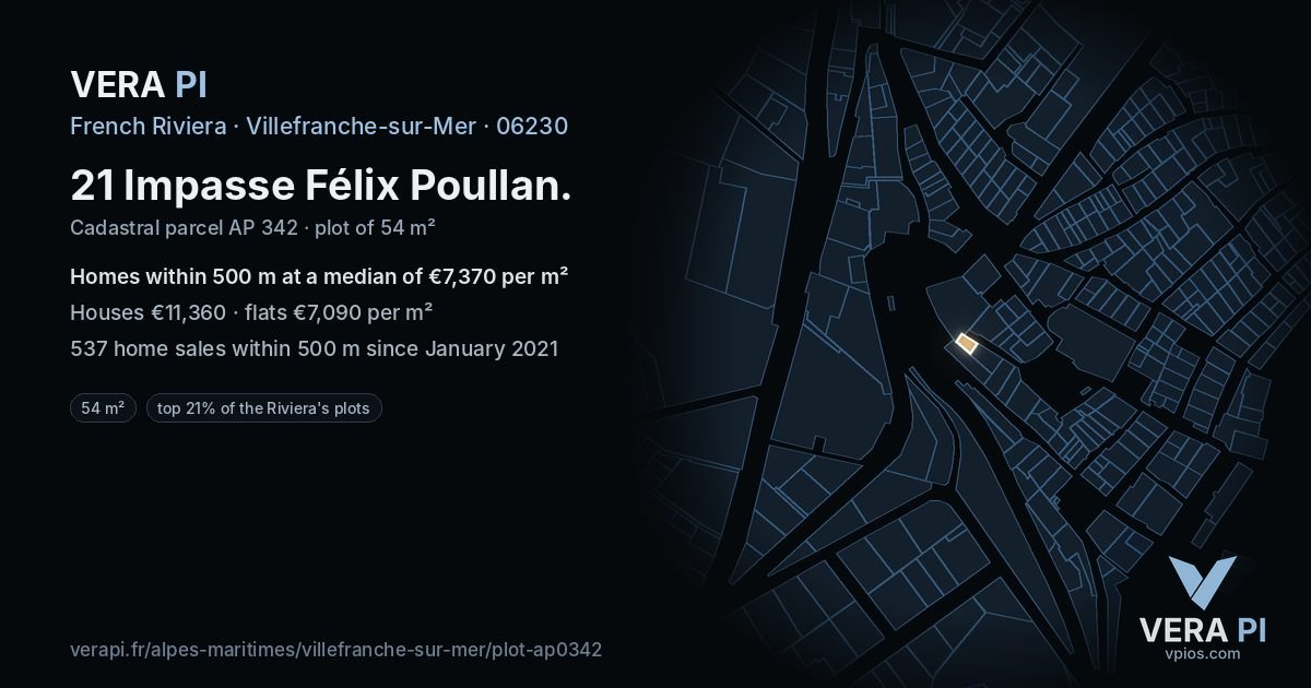 21 Impasse Félix Poullan, Villefranche-sur-Mer at night – the plot lit, the parcels around coloured by the prices near them