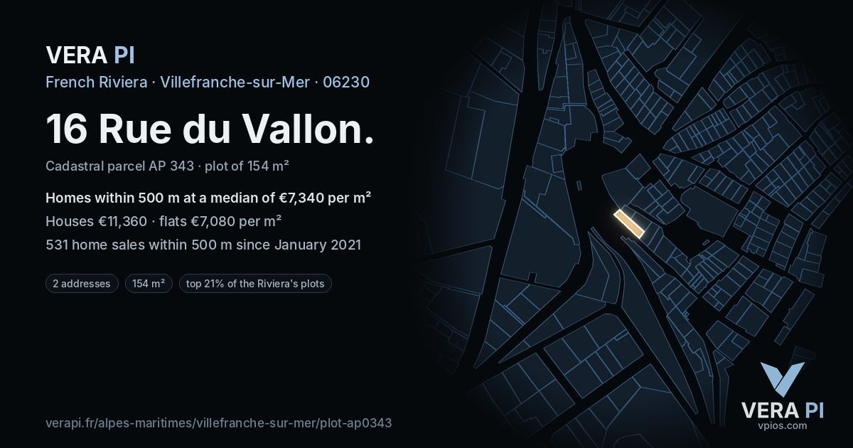 16 Rue du Vallon, Villefranche-sur-Mer at night – the plot lit, the parcels around coloured by the prices near them