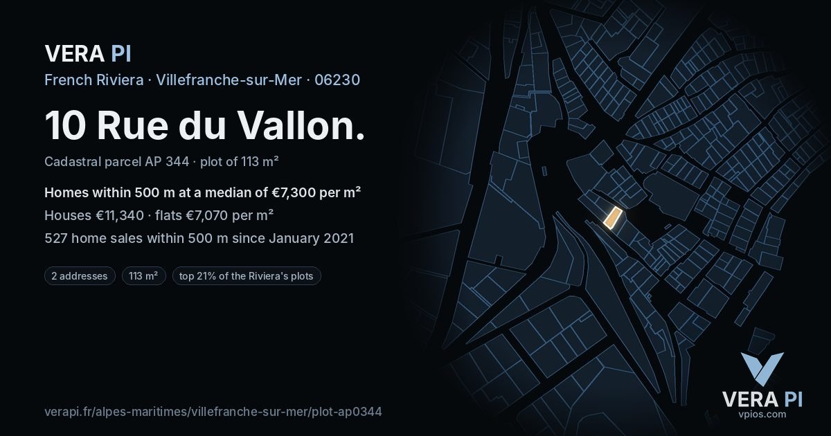 10 Rue du Vallon, Villefranche-sur-Mer at night – the plot lit, the parcels around coloured by the prices near them