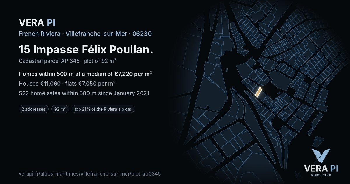 15 Impasse Félix Poullan, Villefranche-sur-Mer at night – the plot lit, the parcels around coloured by the prices near them