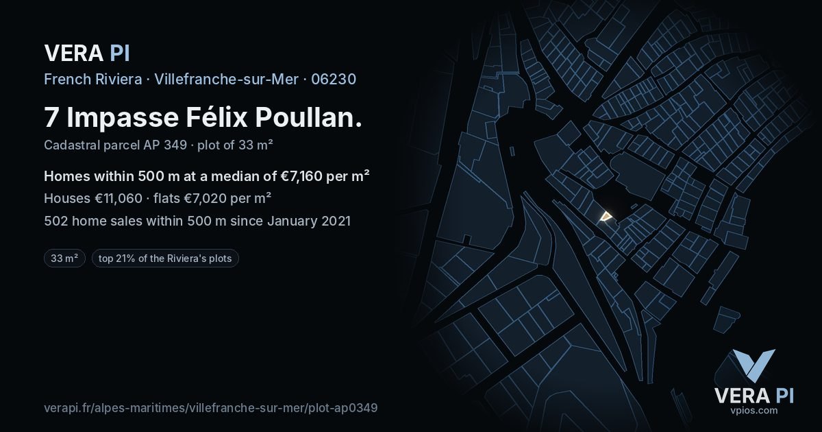 7 Impasse Félix Poullan, Villefranche-sur-Mer at night – the plot lit, the parcels around coloured by the prices near them