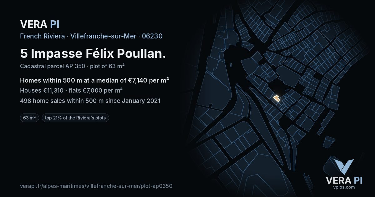 5 Impasse Félix Poullan, Villefranche-sur-Mer at night – the plot lit, the parcels around coloured by the prices near them