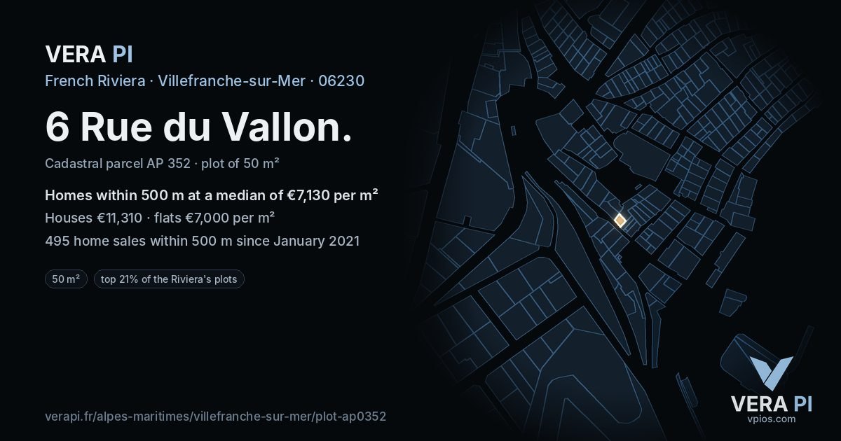 6 Rue du Vallon, Villefranche-sur-Mer at night – the plot lit, the parcels around coloured by the prices near them