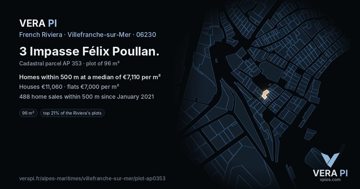 3 Impasse Félix Poullan, Villefranche-sur-Mer at night – the plot lit, the parcels around coloured by the prices near them
