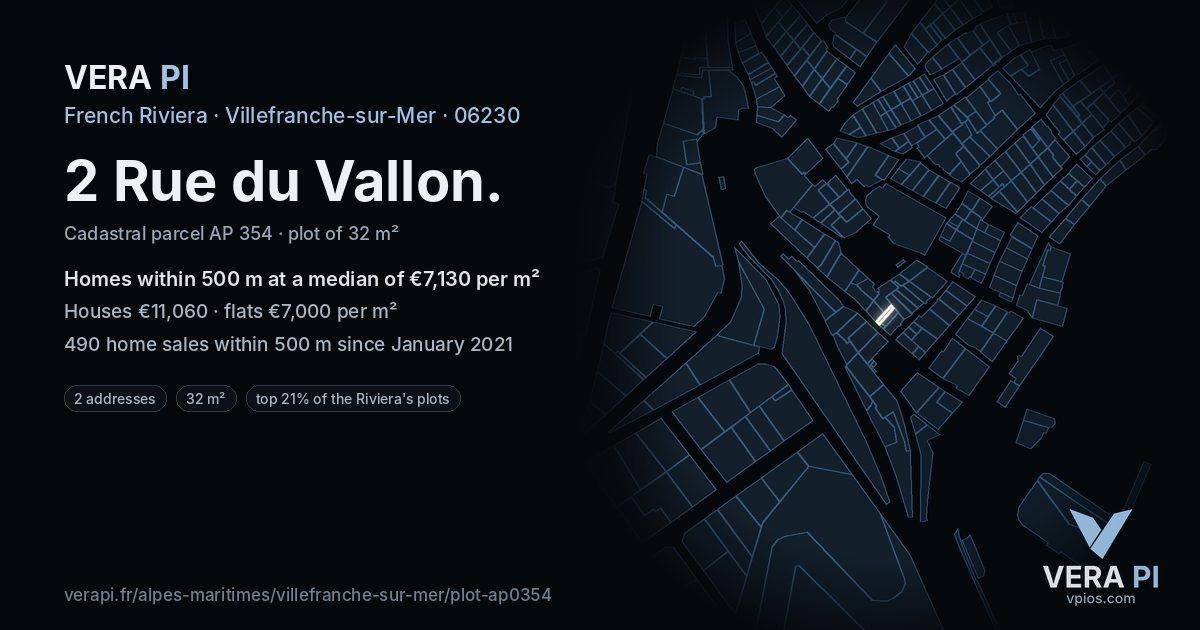 2 Rue du Vallon, Villefranche-sur-Mer at night – the plot lit, the parcels around coloured by the prices near them