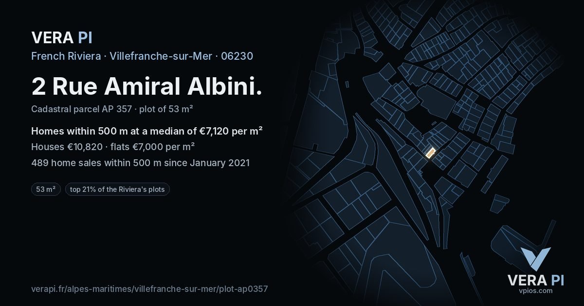 2 Rue Amiral Albini, Villefranche-sur-Mer at night – the plot lit, the parcels around coloured by the prices near them
