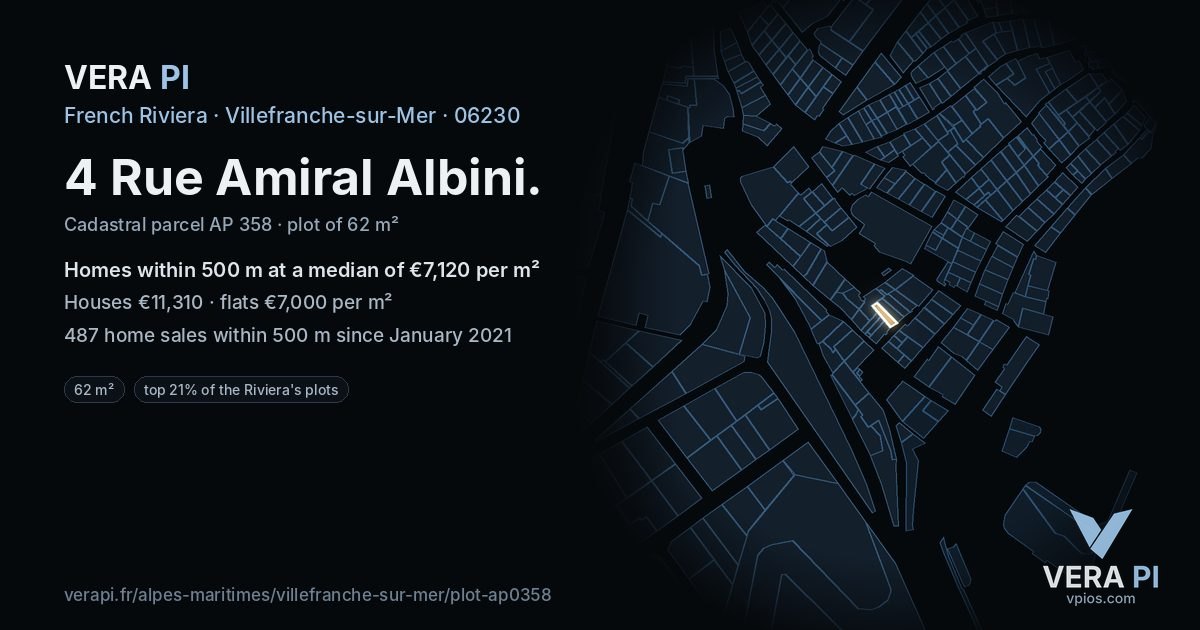 4 Rue Amiral Albini, Villefranche-sur-Mer at night – the plot lit, the parcels around coloured by the prices near them