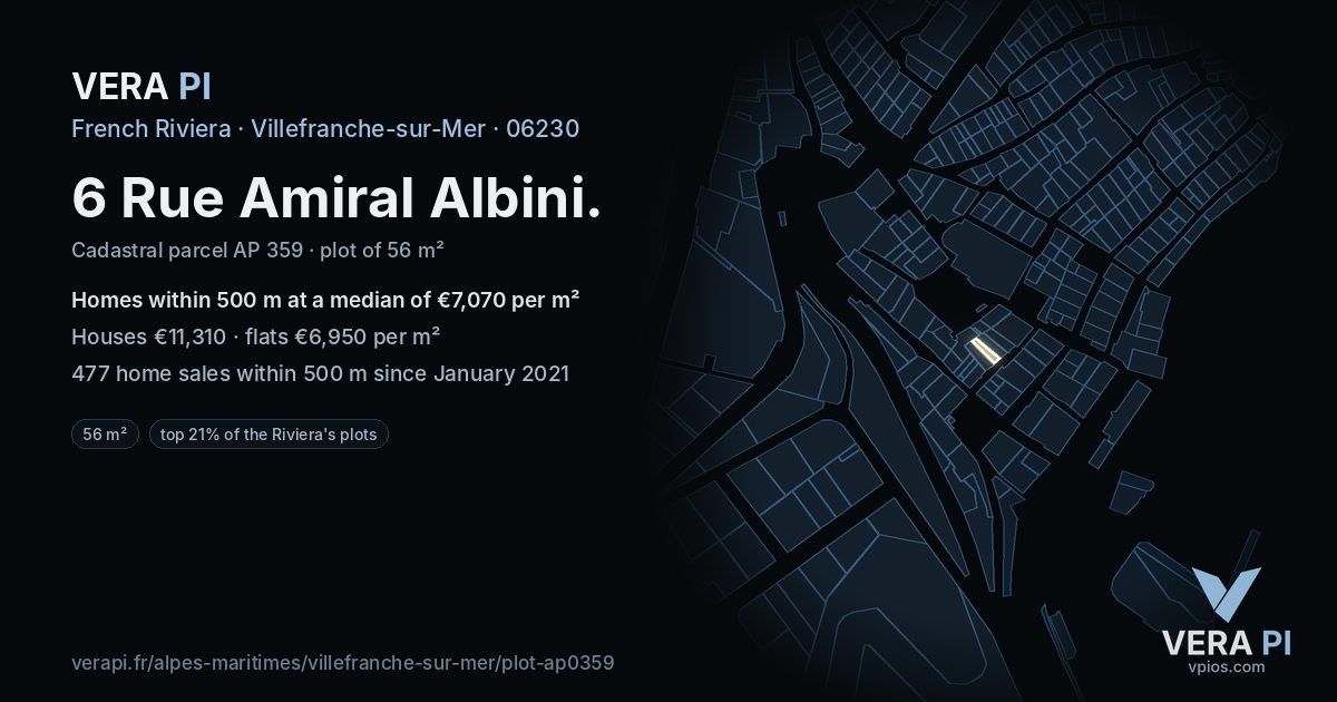 6 Rue Amiral Albini, Villefranche-sur-Mer at night – the plot lit, the parcels around coloured by the prices near them