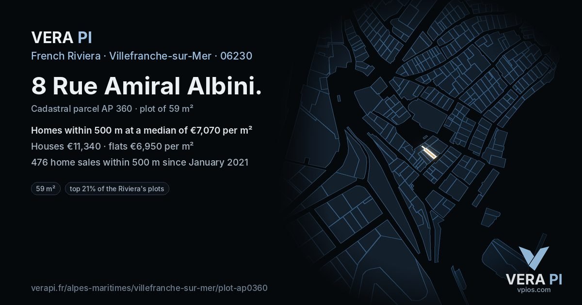 8 Rue Amiral Albini, Villefranche-sur-Mer at night – the plot lit, the parcels around coloured by the prices near them
