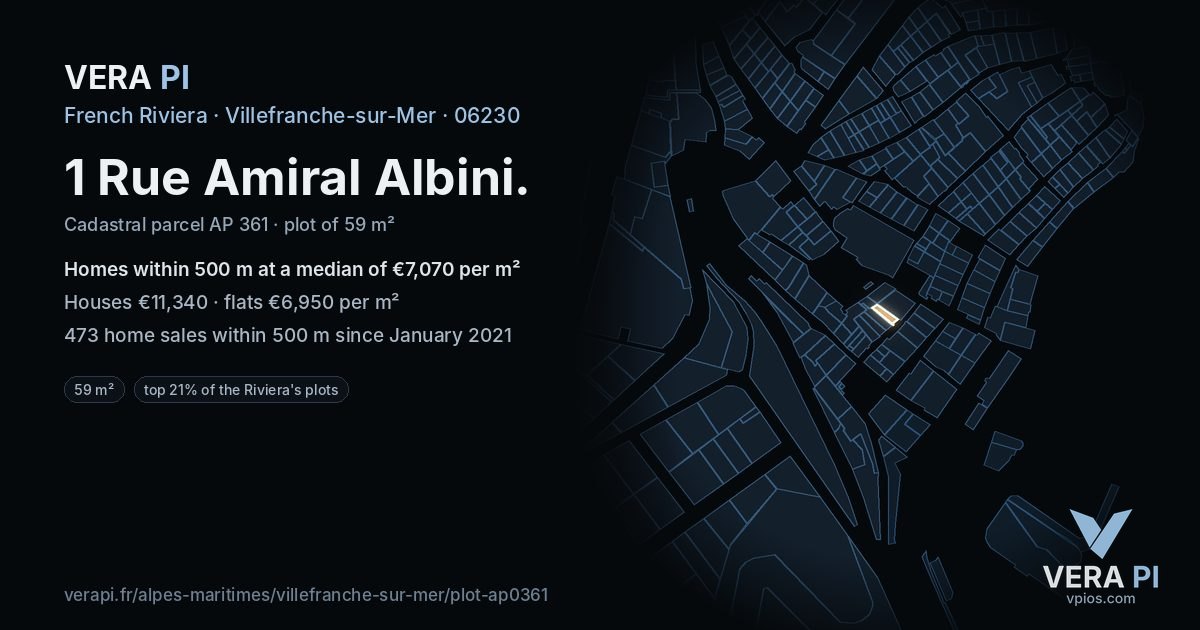 1 Rue Amiral Albini, Villefranche-sur-Mer at night – the plot lit, the parcels around coloured by the prices near them