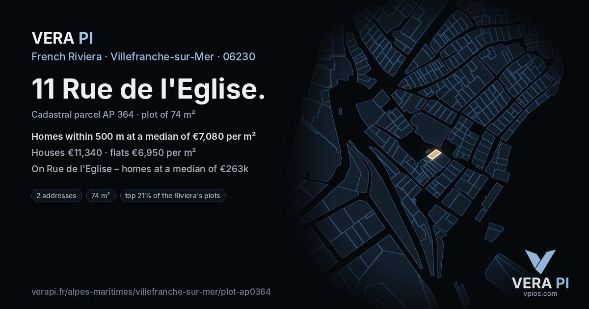 11 Rue de l'Eglise, Villefranche-sur-Mer at night – the plot lit, the parcels around coloured by the prices near them
