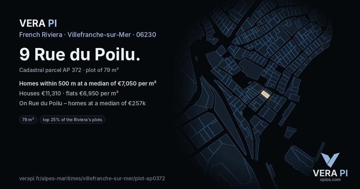 9 Rue du Poilu, Villefranche-sur-Mer at night – the plot lit, the parcels around coloured by the prices near them
