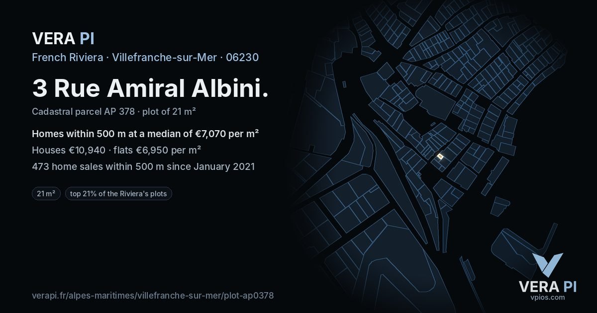 3 Rue Amiral Albini, Villefranche-sur-Mer at night – the plot lit, the parcels around coloured by the prices near them
