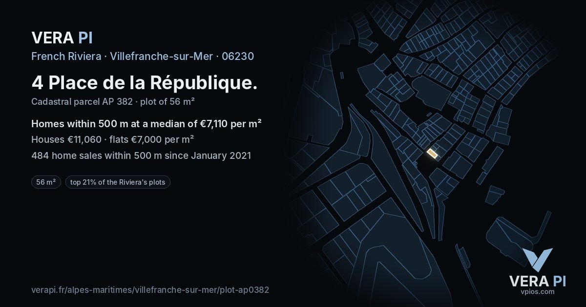 4 Place de la République, Villefranche-sur-Mer at night – the plot lit, the parcels around coloured by the prices near them