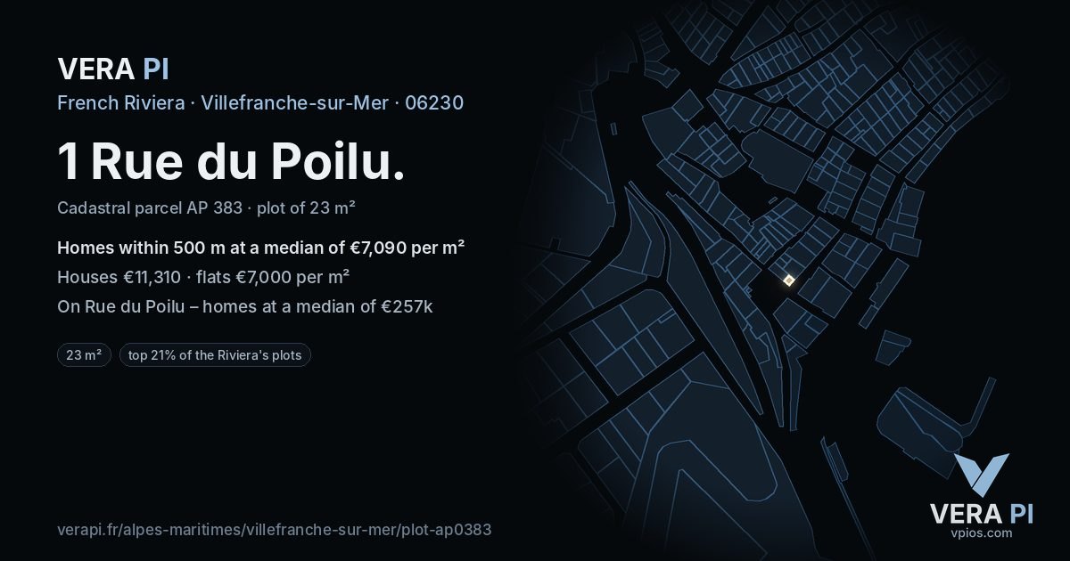 1 Rue du Poilu, Villefranche-sur-Mer at night – the plot lit, the parcels around coloured by the prices near them