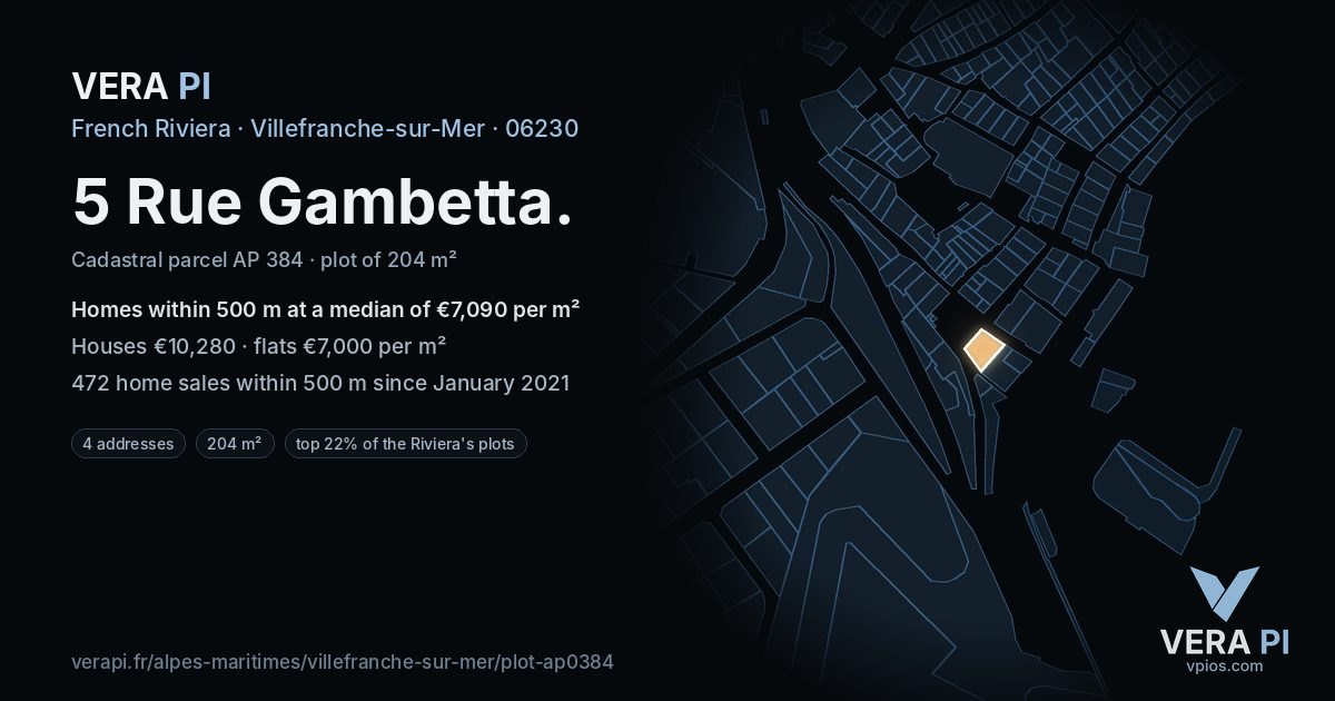 5 Rue Gambetta, Villefranche-sur-Mer at night – the plot lit, the parcels around coloured by the prices near them