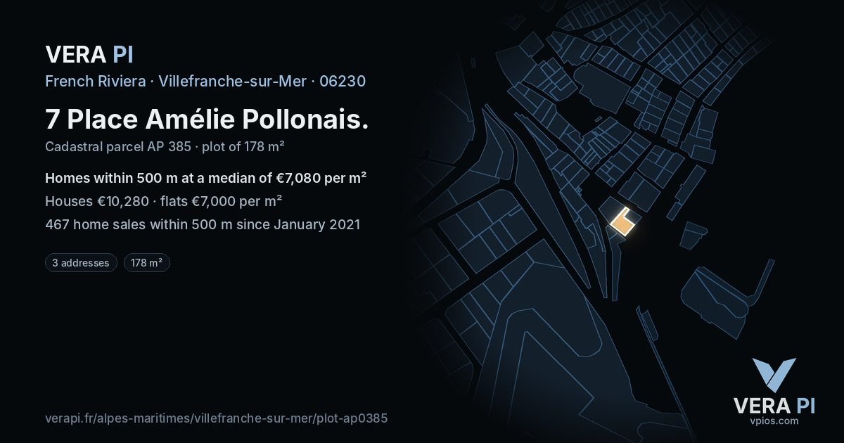 7 Place Amélie Pollonais, Villefranche-sur-Mer at night – the plot lit, the parcels around coloured by the prices near them