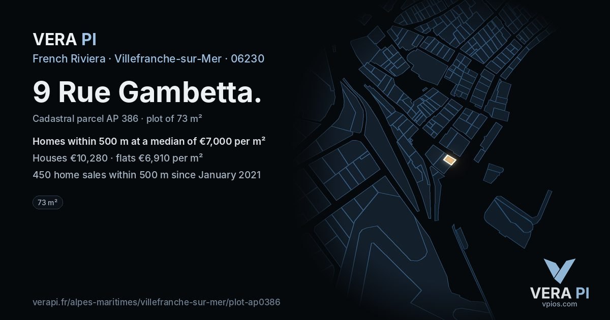 9 Rue Gambetta, Villefranche-sur-Mer at night – the plot lit, the parcels around coloured by the prices near them