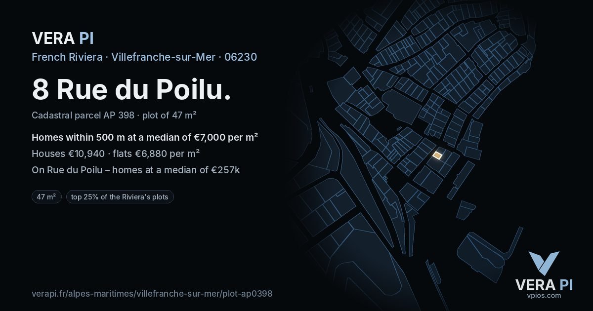 8 Rue du Poilu, Villefranche-sur-Mer at night – the plot lit, the parcels around coloured by the prices near them