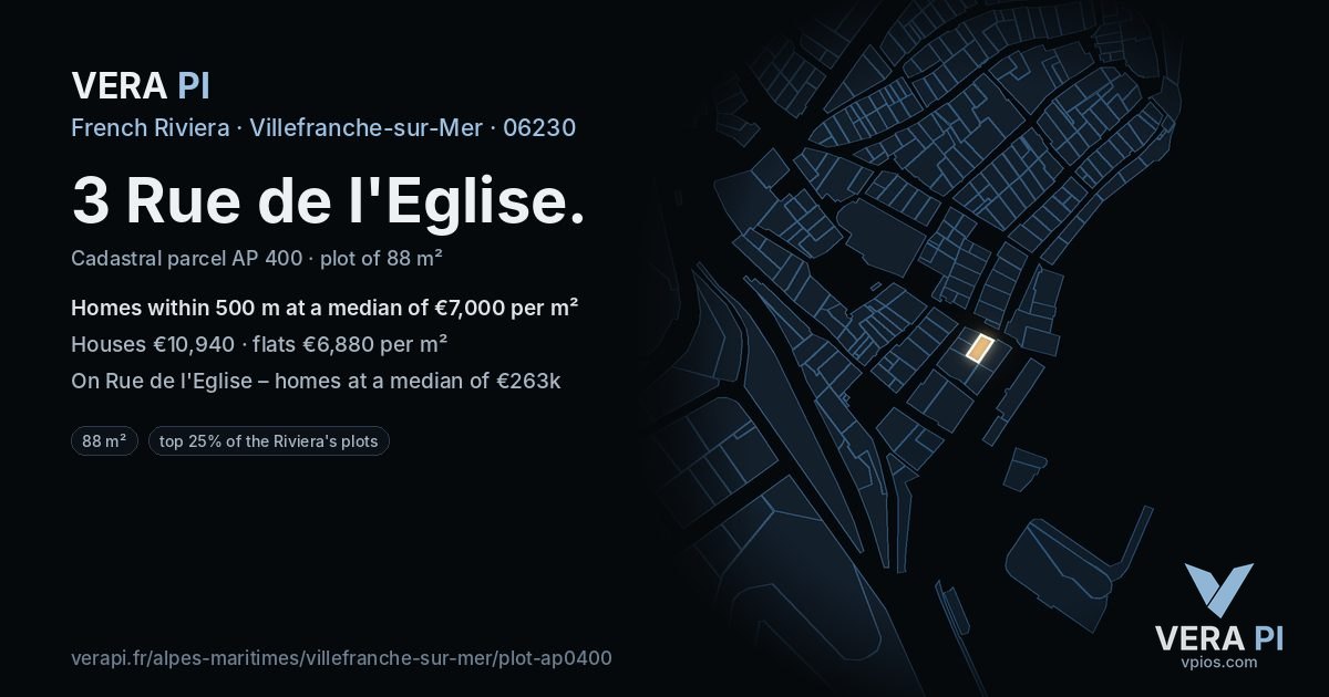 3 Rue de l'Eglise, Villefranche-sur-Mer at night – the plot lit, the parcels around coloured by the prices near them