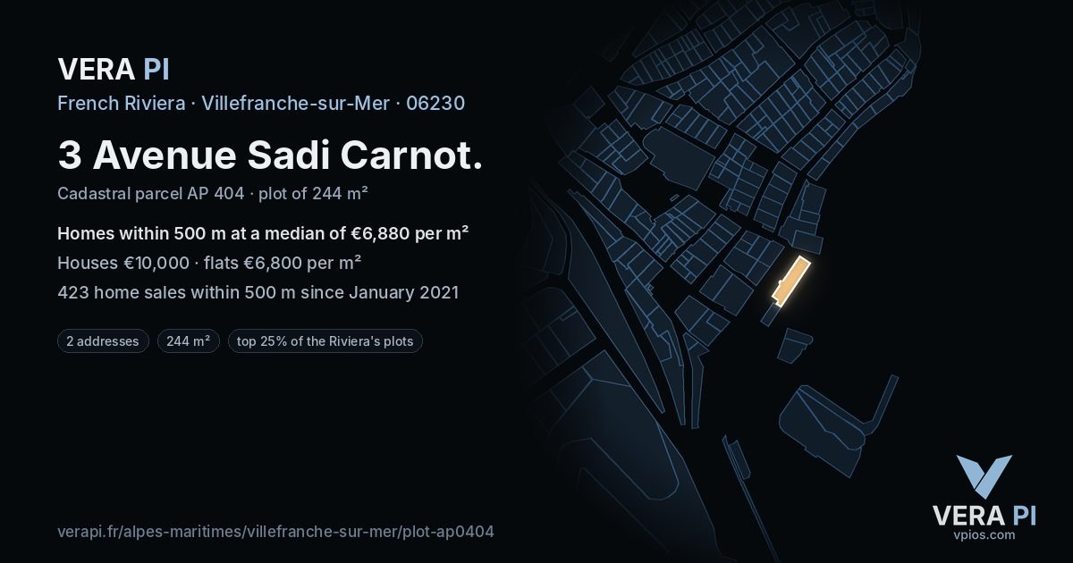 3 Avenue Sadi Carnot, Villefranche-sur-Mer at night – the plot lit, the parcels around coloured by the prices near them