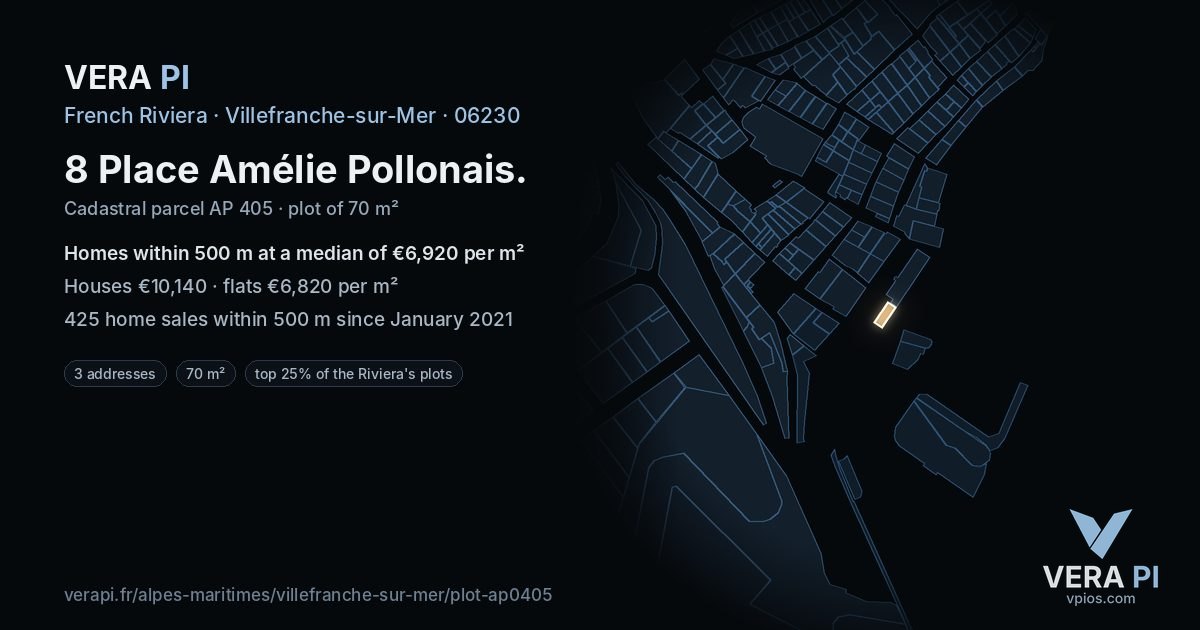 8 Place Amélie Pollonais, Villefranche-sur-Mer at night – the plot lit, the parcels around coloured by the prices near them