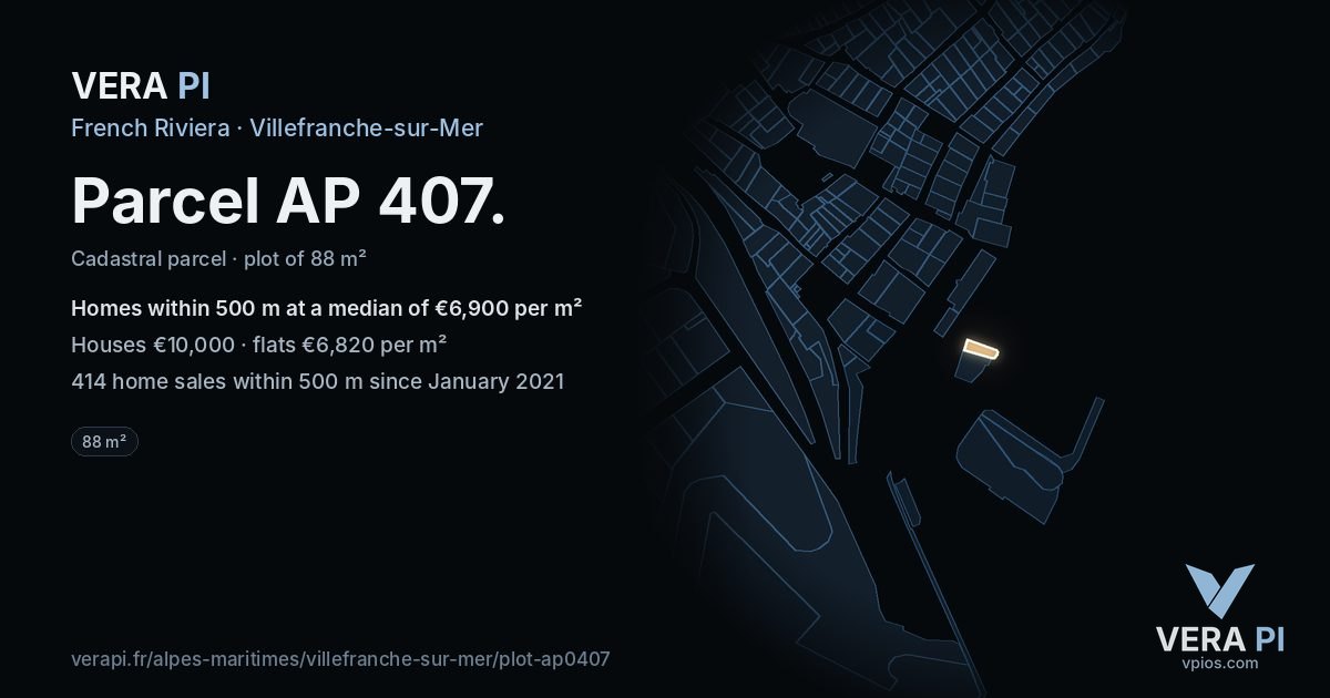 Parcel AP 407, Villefranche-sur-Mer at night – the plot lit, the parcels around coloured by the prices near them