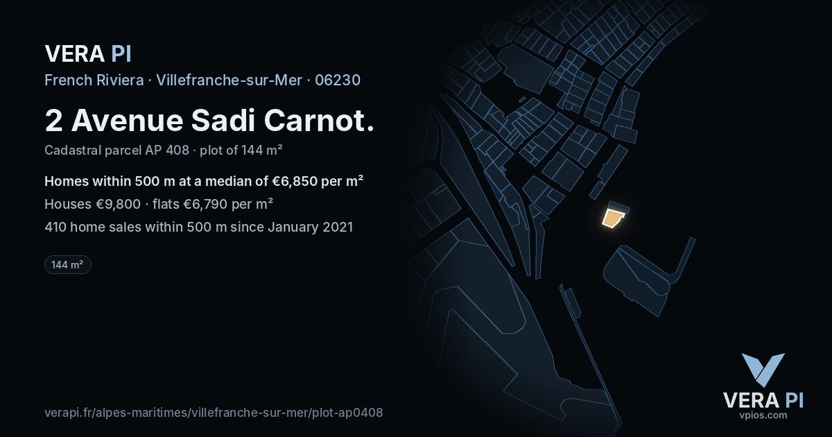 2 Avenue Sadi Carnot, Villefranche-sur-Mer at night – the plot lit, the parcels around coloured by the prices near them