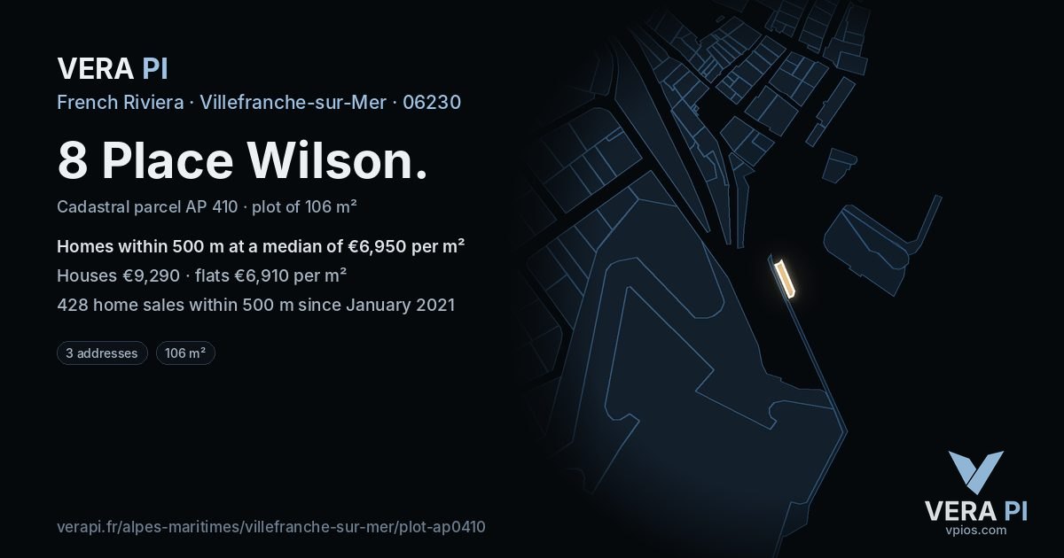 8 Place Wilson, Villefranche-sur-Mer at night – the plot lit, the parcels around coloured by the prices near them