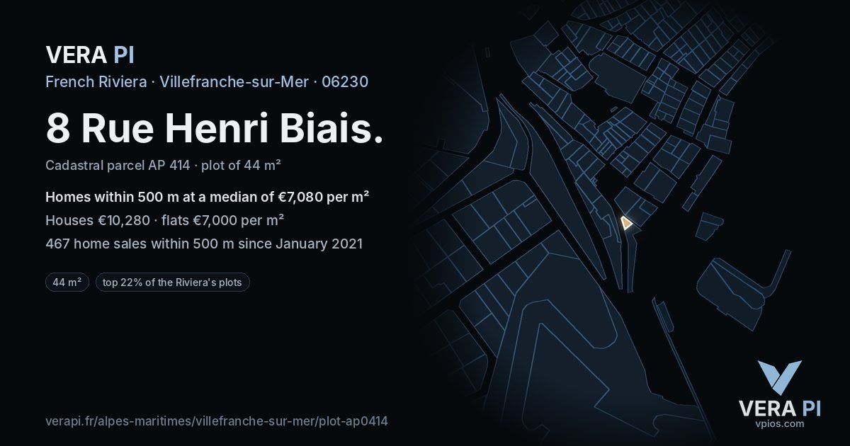 8 Rue Henri Biais, Villefranche-sur-Mer at night – the plot lit, the parcels around coloured by the prices near them