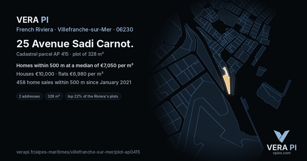 25 Avenue Sadi Carnot, Villefranche-sur-Mer at night – the plot lit, the parcels around coloured by the prices near them