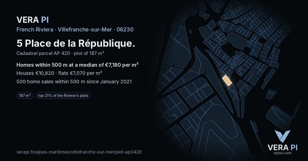 5 Place de la République, Villefranche-sur-Mer at night – the plot lit, the parcels around coloured by the prices near them